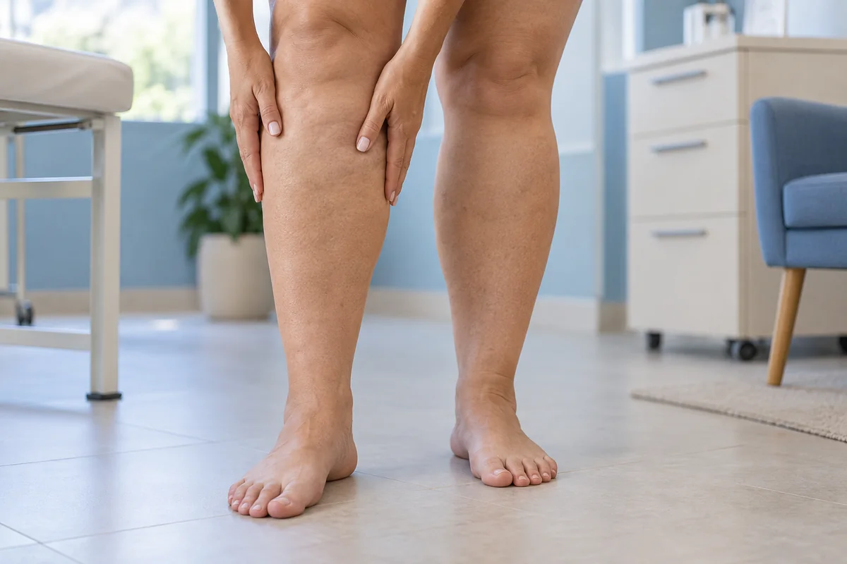 Mulher observa as pernas em uma sala de avaliação clínica